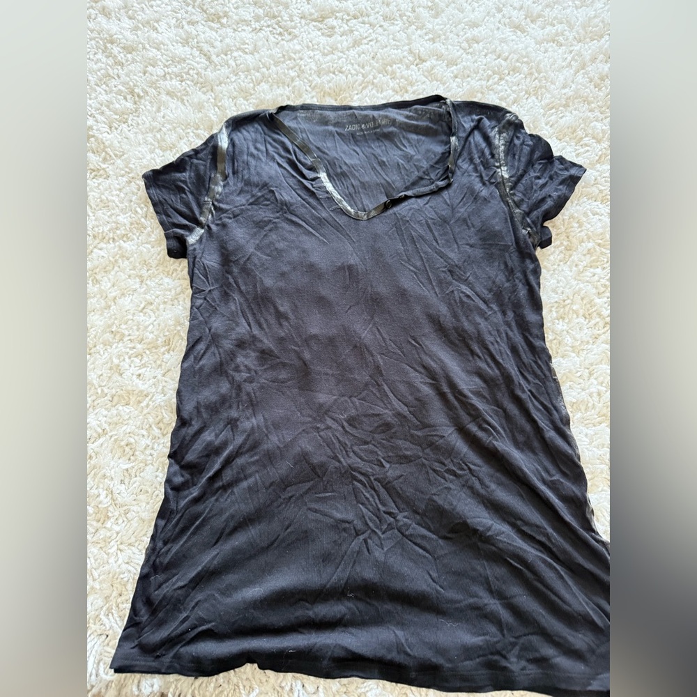Zadig & Voltaire black V-Neck Tee with leather trim